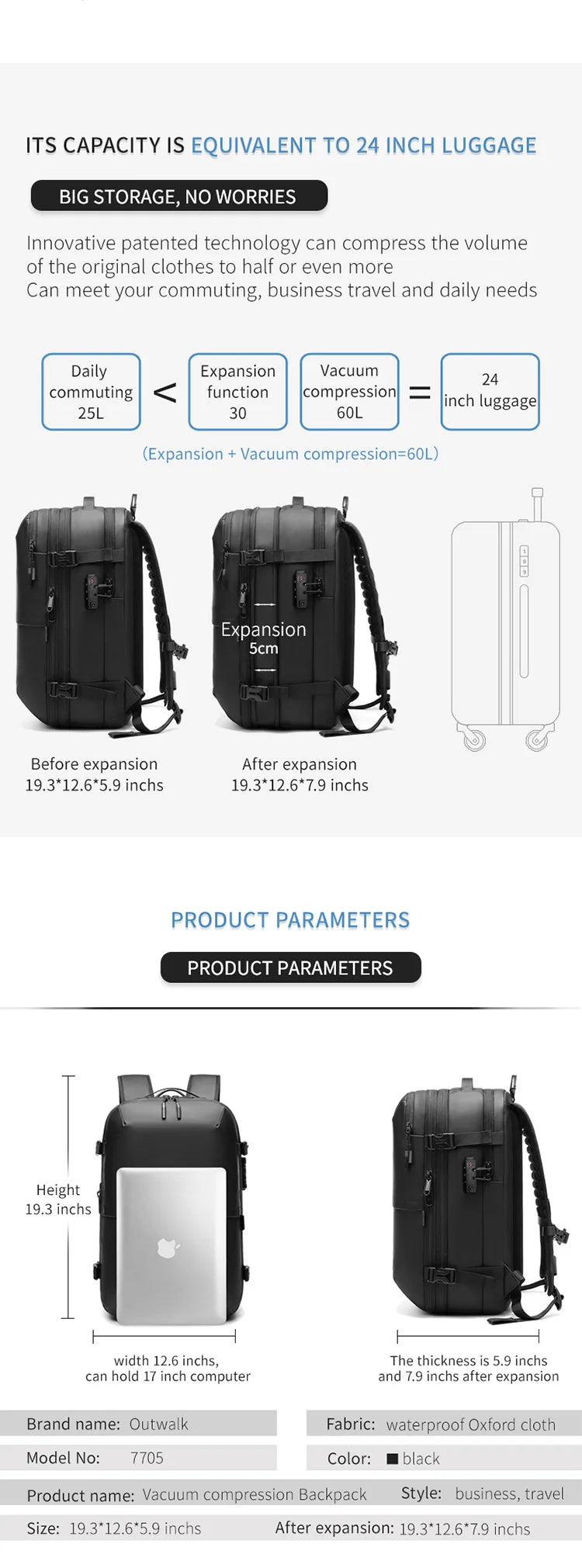 Expandable 60L Vacuum Compression Backpack